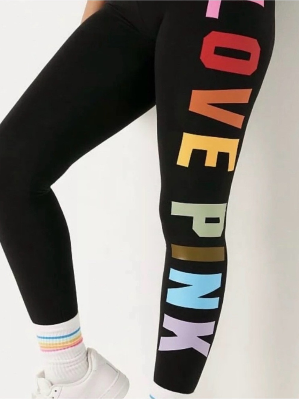 PINK Victoria's Secret Black Leggings with Rainbow LOVE PINK Side Logo